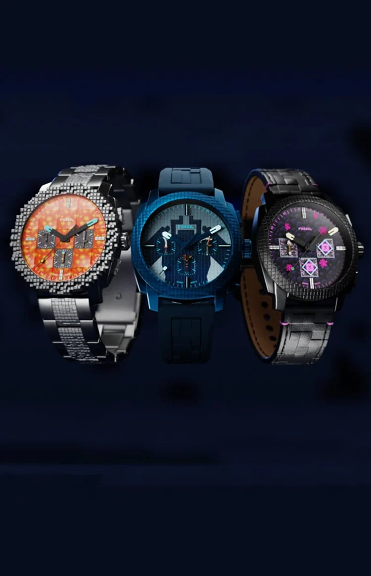 Drei Uhren Minecraft x Fossil, The Twisted Warden, The Nether und The End, schwebend darüber