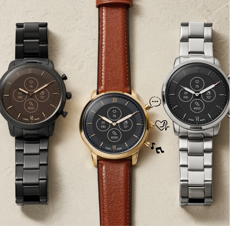 Three Hybrid HR smartwatches in black stainless steel, leather and stainless steel with chat icon, heart rate tracking icon and music note icon.
