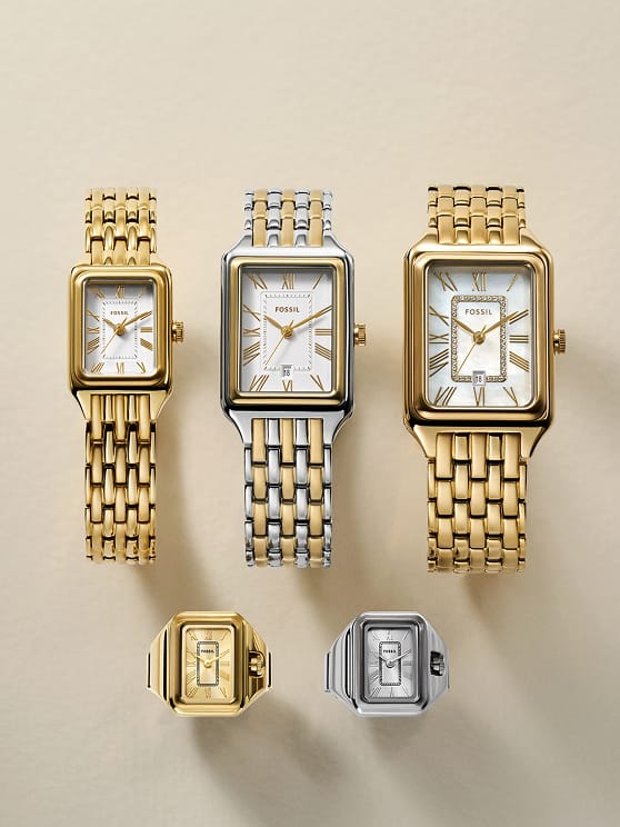 A composition of product and lifestyle images that showcase the Fossil Raquel watch, including a grouping of various finishes, the watch worn on a woman's wrist and artfully displayed on the arm of a plush sofa.