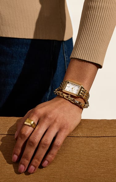 An artful collage of lifestyle images that show the styling possibilities of the Fossil Raquel watch, including jewellery and handbags to wear and pair.