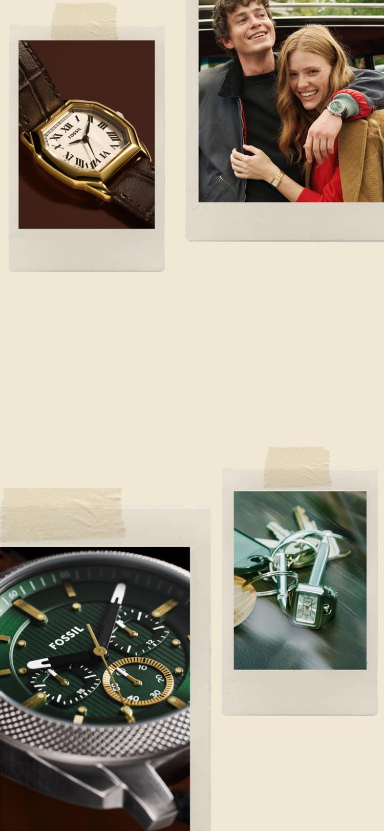 Artfully scattered instant photos showing a mix of lifestyle photography, watches and jewellery.