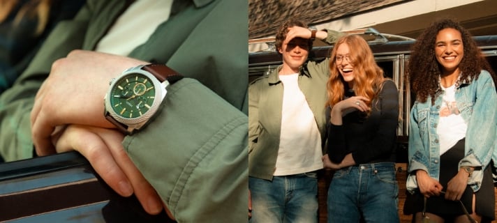 Left image: A lifestyle photo of a man wearing the rugged Machine watch, featuring a green dial and brown leather strap. Right image: A casually dressed man and two women standing in an outdoor setting.