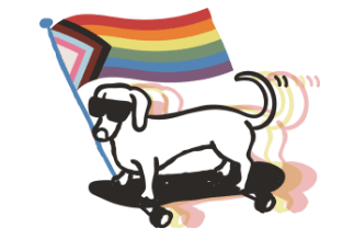 An illustrated dog on a skateboard with the Progress Pride Flag.