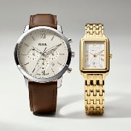 Una coppia di orologi, uno da uomo e uno da donna.