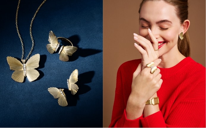 Gold-tone butterfly jewellery, including necklace, ring and earrings; a woman in a red jumper smiling and wearing the gold-tone Raquel watch and gold-tone butterfly ring.