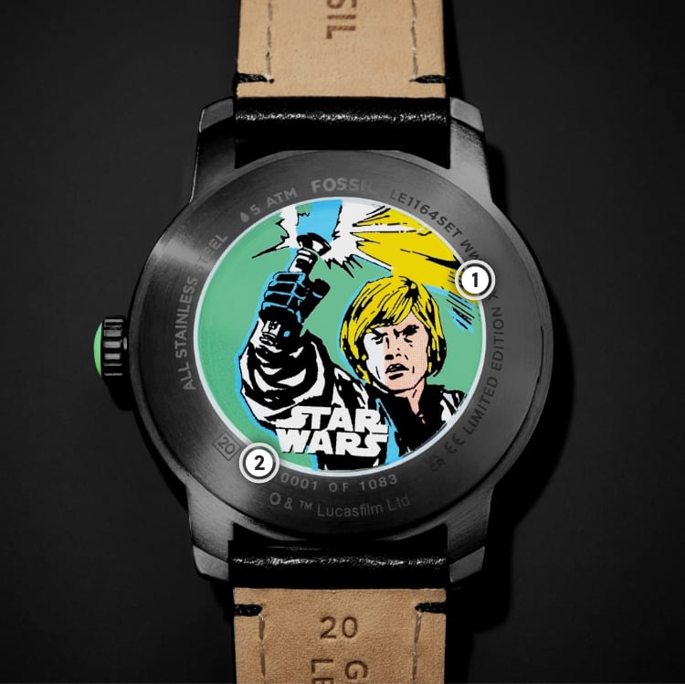 The back of a watch, featuring a comic book-style illustration of Luke Skywalker