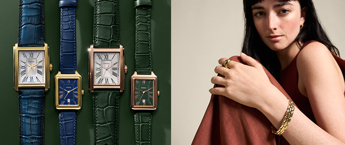 An image of the Carraway and Raquel watches in autumn colours; a woman wearing gold-tone jewellery from the Arden collection. 