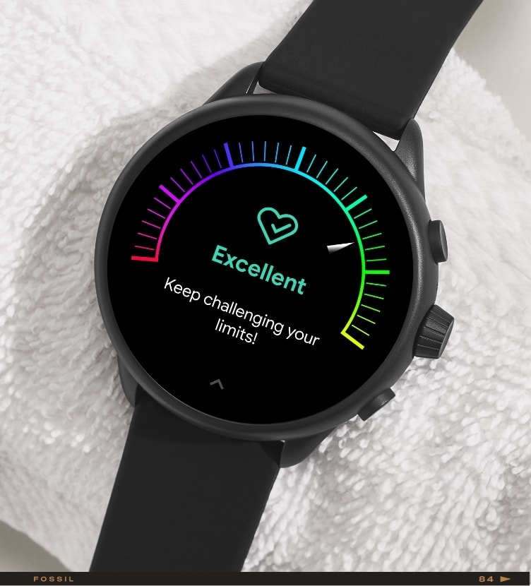 The front of a black silicone Gen 6 Wellness Edition smartwatch showing a colourful dial that Estimates Vo2 Max and reads excellent.