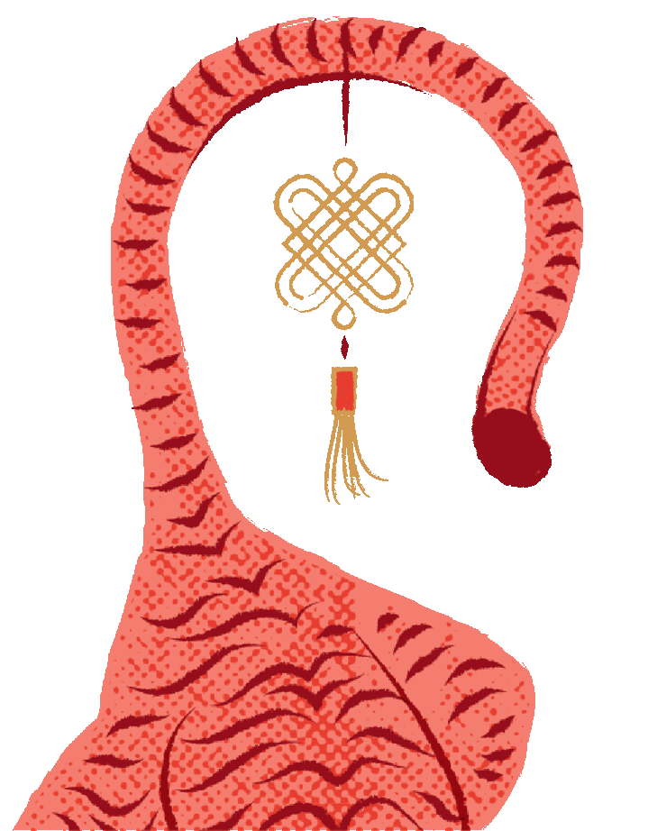 Une queue de tigre en mouvement avec une lanterne. Sacs rouges avec des pompons inspirés de lanternes