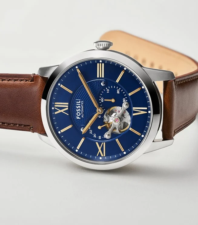 The Fossil Townsman Automatic with a rich brown leather strap.