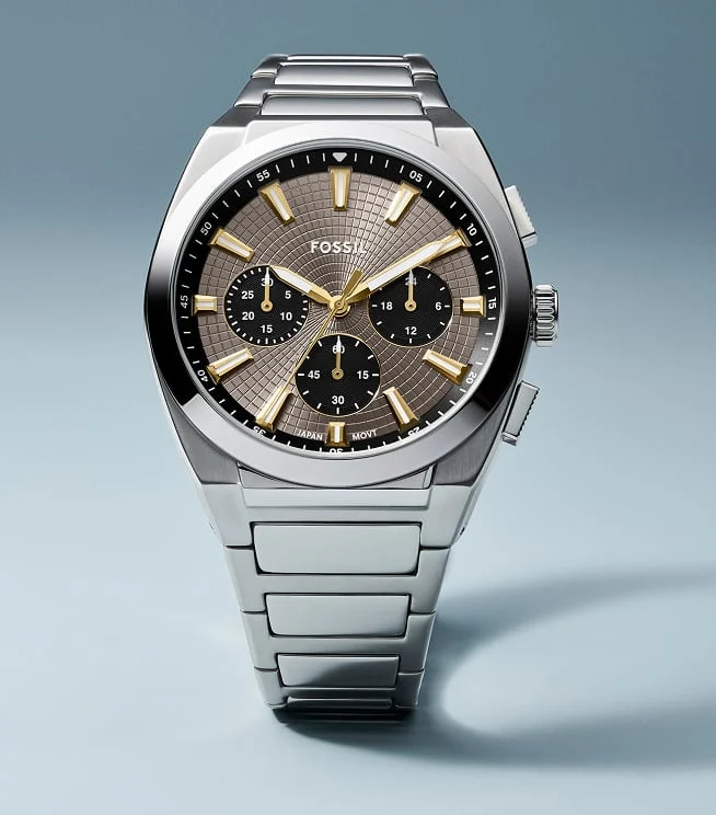 The Fossil Everett chronograph watch in a steel gray finish.