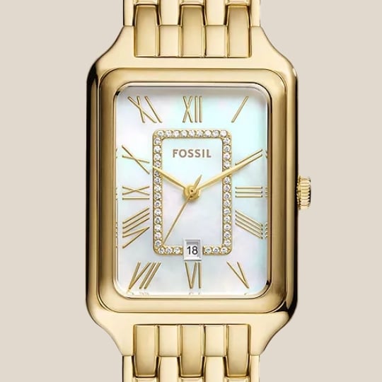 Gold-tone Raquel watch with mother-of-pearl dial.
