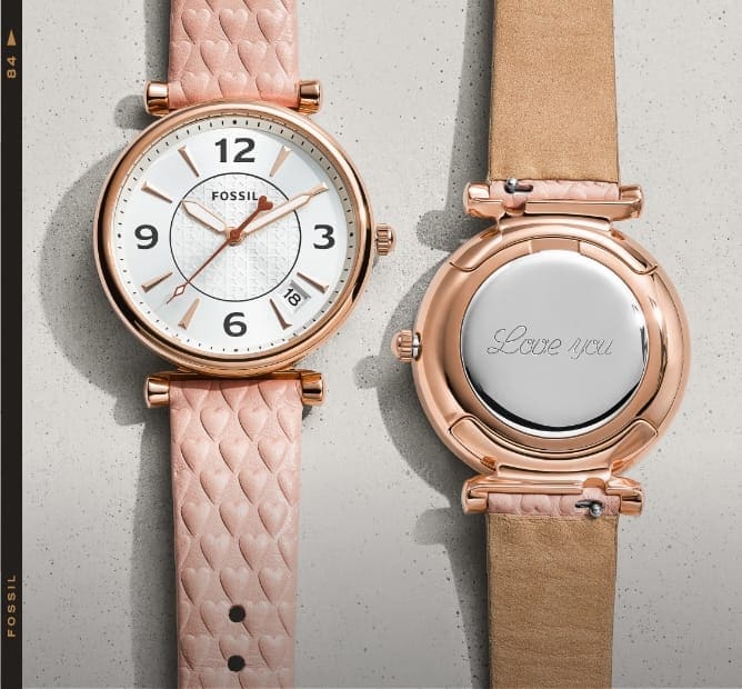 The front and back of a specially designed Carlie watch. The back is engraved with You Are Timeless.