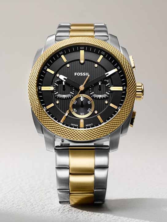 The Fossil Machine chronograph watch in a two-tone finish with a black dial.