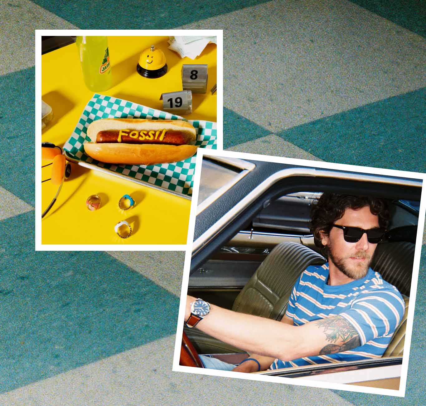 A group of friends in a vintage car alongside a photo collage of summery images, including a hot dog with Fossil written in mustard, a yellow bell ringer with a winking face and Polaroid pictures.