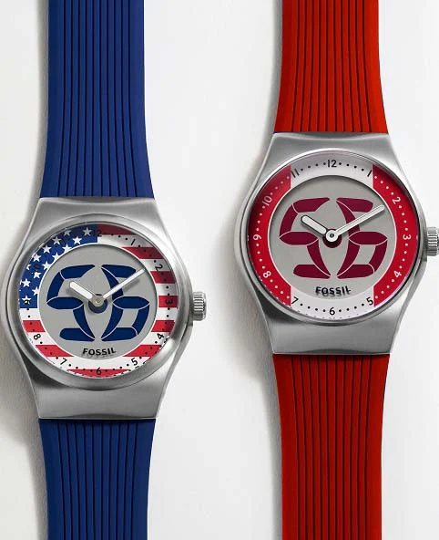 Two World Flags Big Tic Fossil watches sit side-by-side