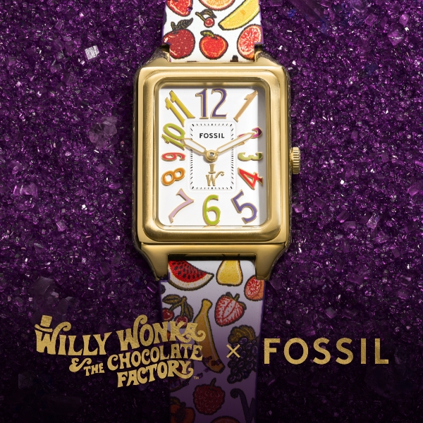 The limited-edition Carraway watch atop a chocolate bar-inspired background. Willy Wonka & The Chocolate Factory x Fossil logo