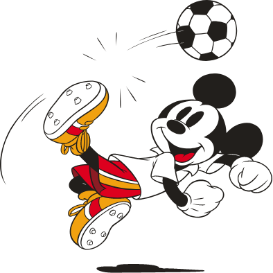 A graphic of Mickey Mouse kicking a football over his head.