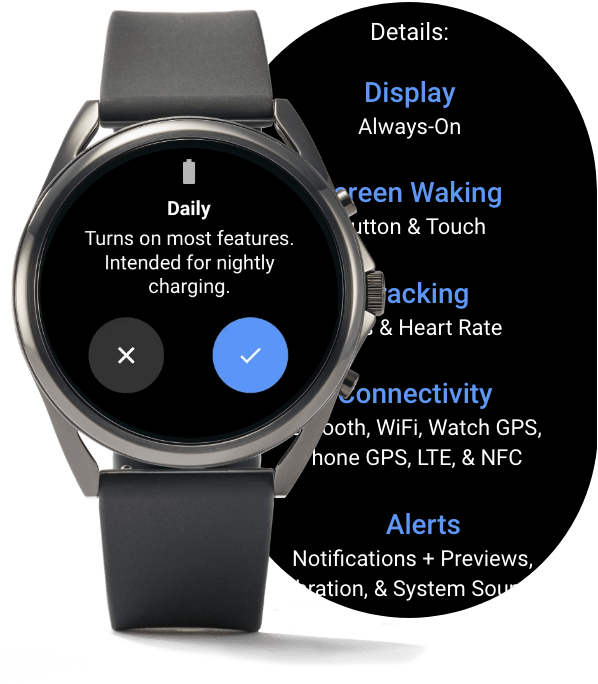 A Gen 5 LTE Smartwatch displaying different battery modes.