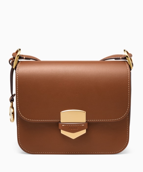 A brown leather Lennox crossbody bag.