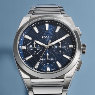 A silver-tone watch with blue dial.