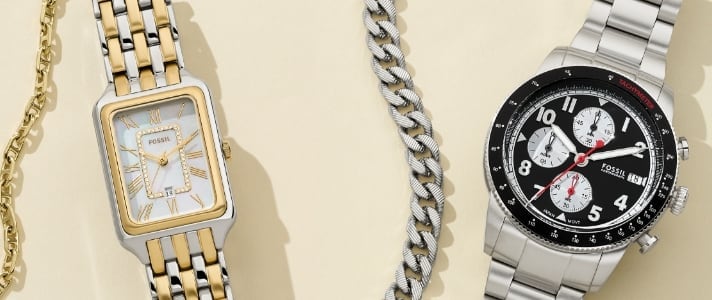 Eine goldfarbene Halskette aus der Schmuckkollektion Fossil Heritage mit einer zweifarbigen Uhr Raquel, einer silberfarbenen Halskette und der silberfarbenen Uhr Sport Tourer.