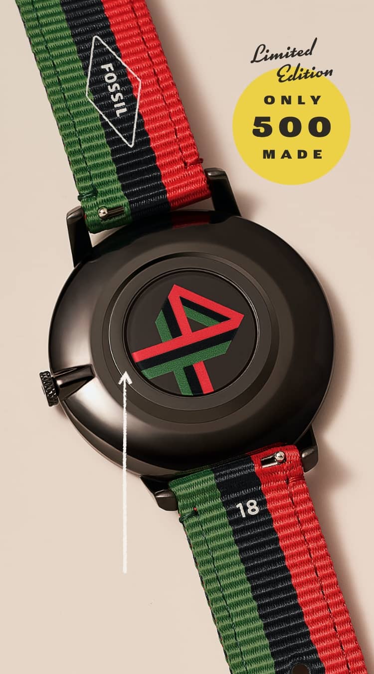 Arrow pointing to the Neutra Minimalist watch caseback, featuring colors inspired by the Pan-African flag.