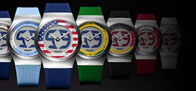 The Fossil Limited-Edition World Flags Big Tic watch collection, featuring a sporty analog-digital design in bold, global colorways.