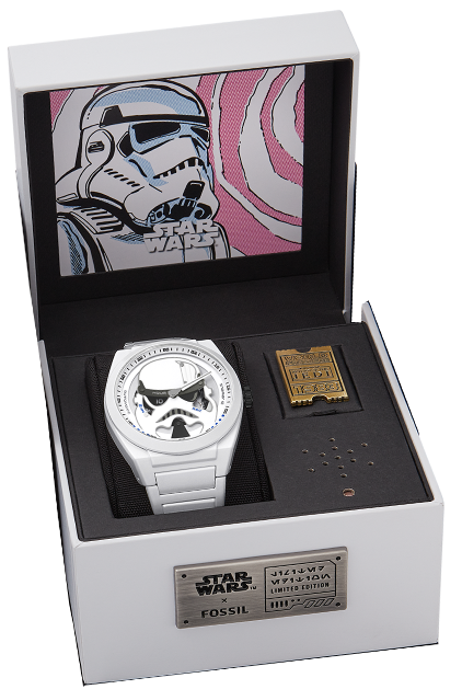 The stormtrooper-inspired watch displayed in its box.