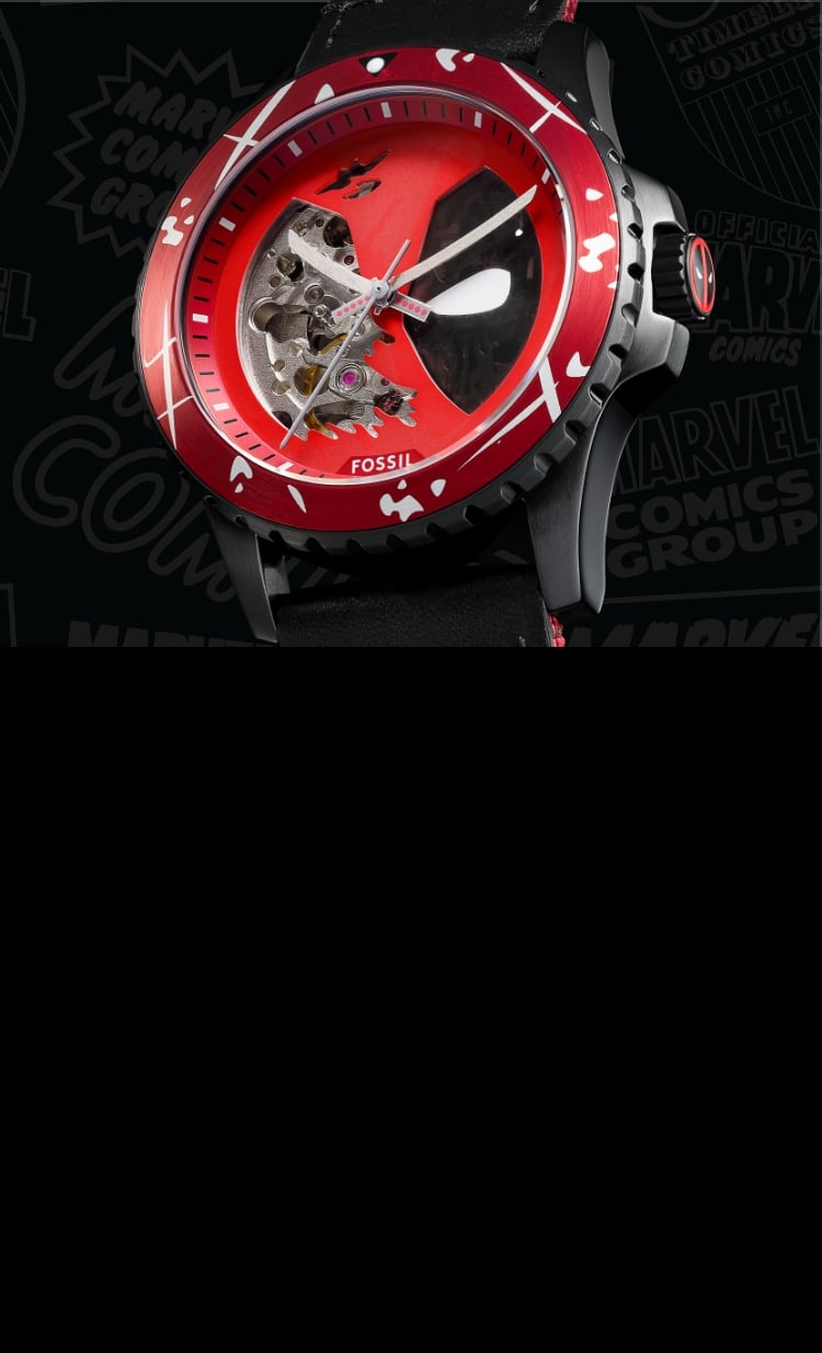The Deadpool watch from the exclusive Marvel | Fossil collaboration.