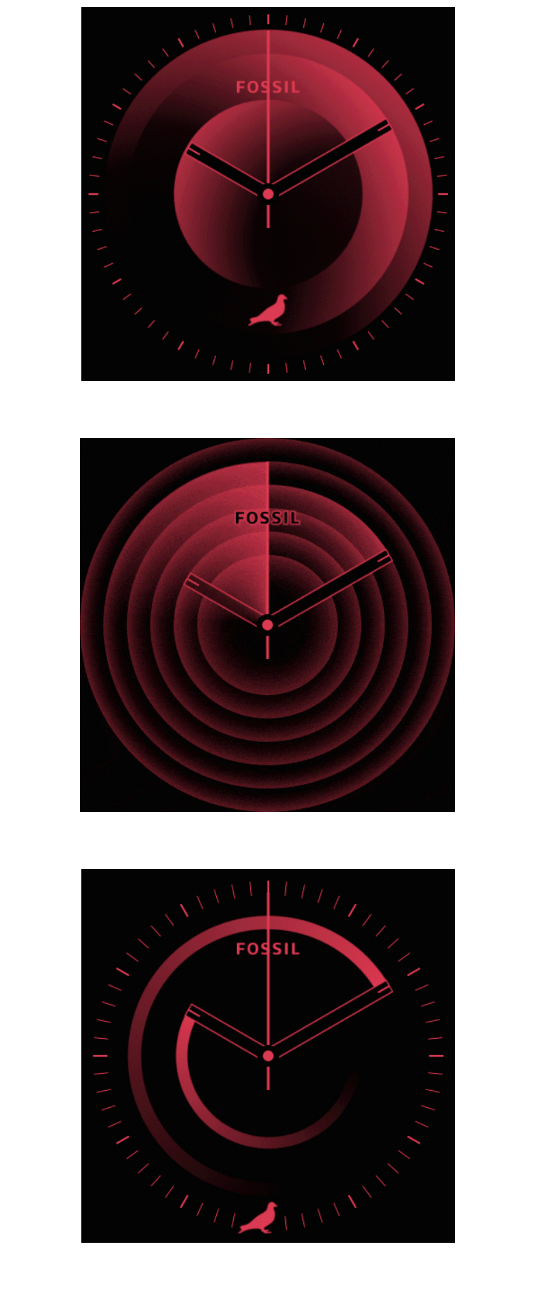 Die exklusiven STAPLE x Fossil Smartwatch-Zifferblätter. Taubenlogos im Hintergrund.