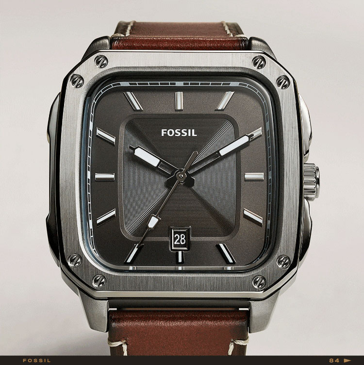 A man wearing the brown leather Inscription watch and a closeup of the Inscription watch with a two-layered dial and exposed screw on the topring.