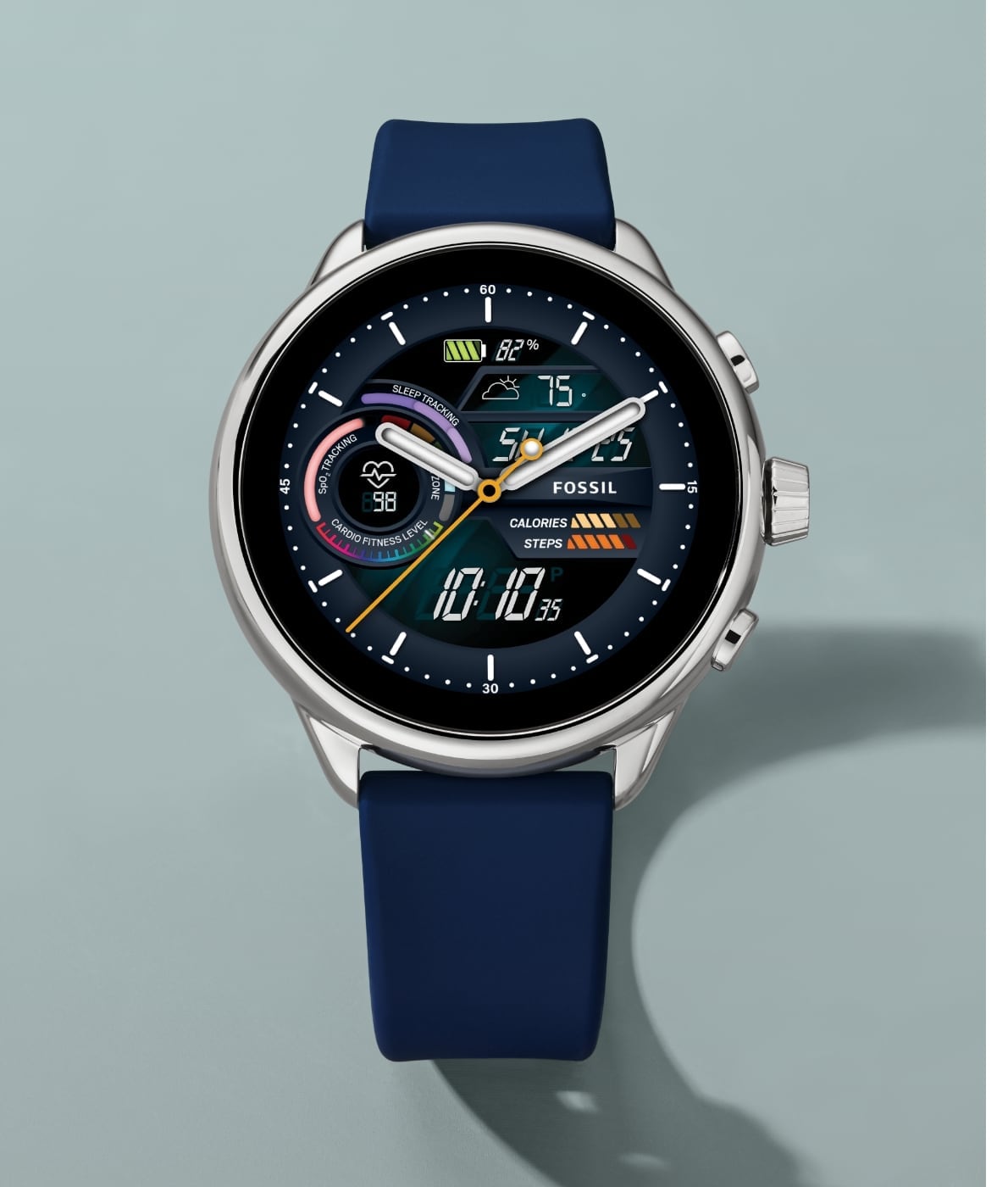 Une montre connectée hybride Gen 6 édition Wellness en silicone bleu.