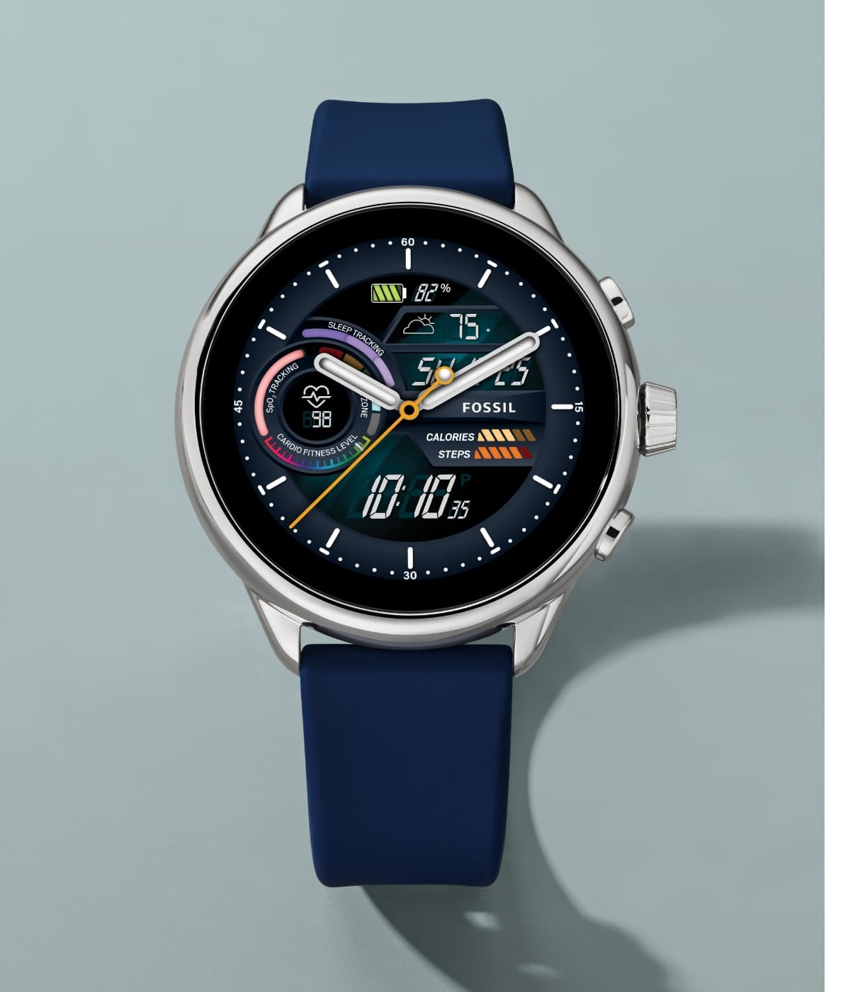 Eine Gen 6 Hybrid Wellness Edition mit blauem Silikonband.