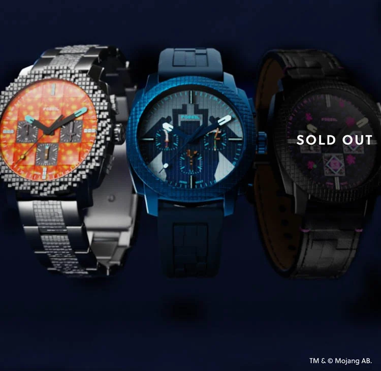 Three Minecraft x Fossil watches, The Twisted Warden, The Nether, And The End, floating