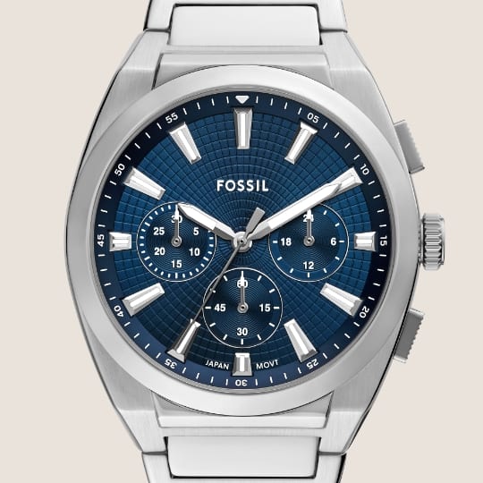 Silver-tone Everett watch with blue dial. 