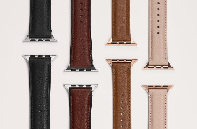 A black leather watch strap, a dark brown leather watch strap, a light brown leather watch strap and a pink leather watch strap A black leather watch strap, a dark brown leather watch strap, a light brown leather watch strap and a pink leather watch strap