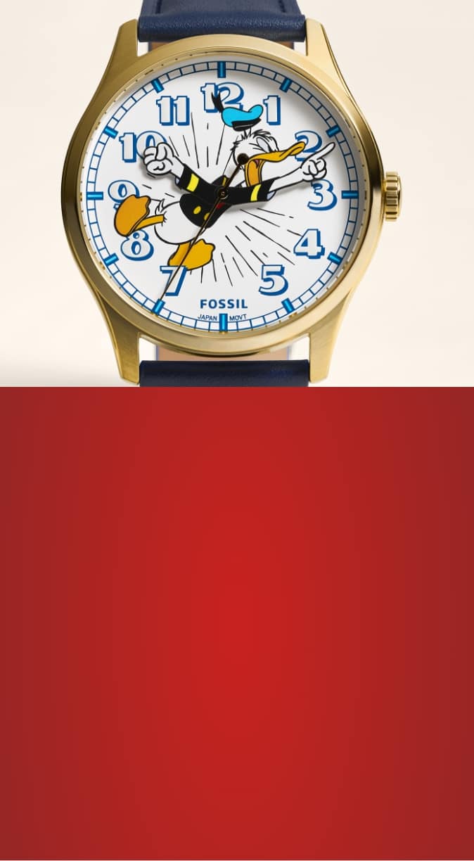 Un module écran divisé avec la montre d’anniversaire Donald Duck et une illustration de Mickey Mouse et de Donald Duck sur un arrière-plan rouge.