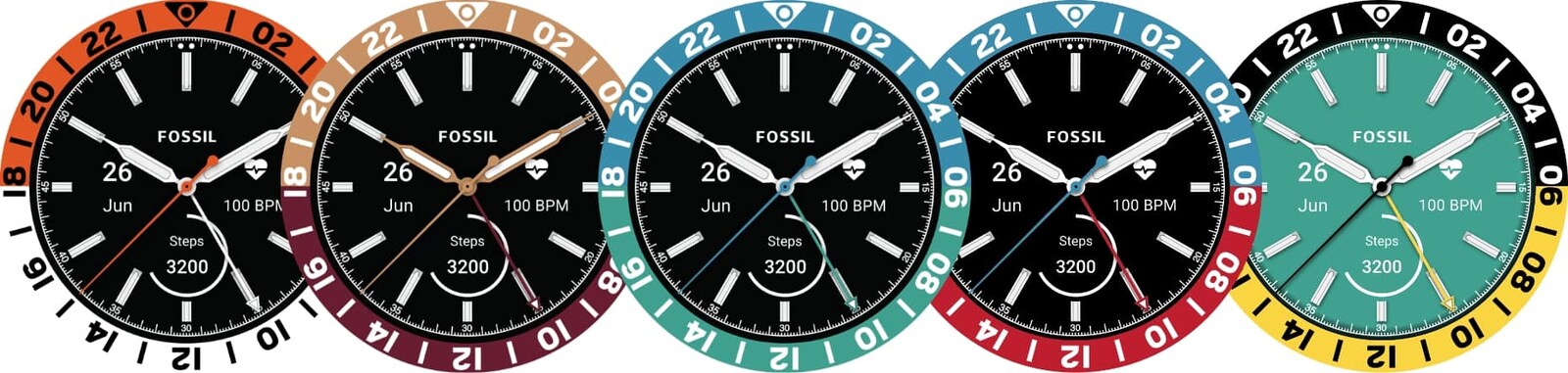 A variety of Fossil Heritage GMT watch faces, featuring the different customizable options.