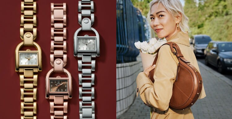 Three Harwell watches in gold-tone, rose gold-tone and silver-tone. A woman wearing a brown leather Harwell handbag and carrying flowers.