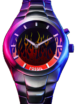 The Fossil Y2K Big Tic stainless steel watch with flickering digital flames.