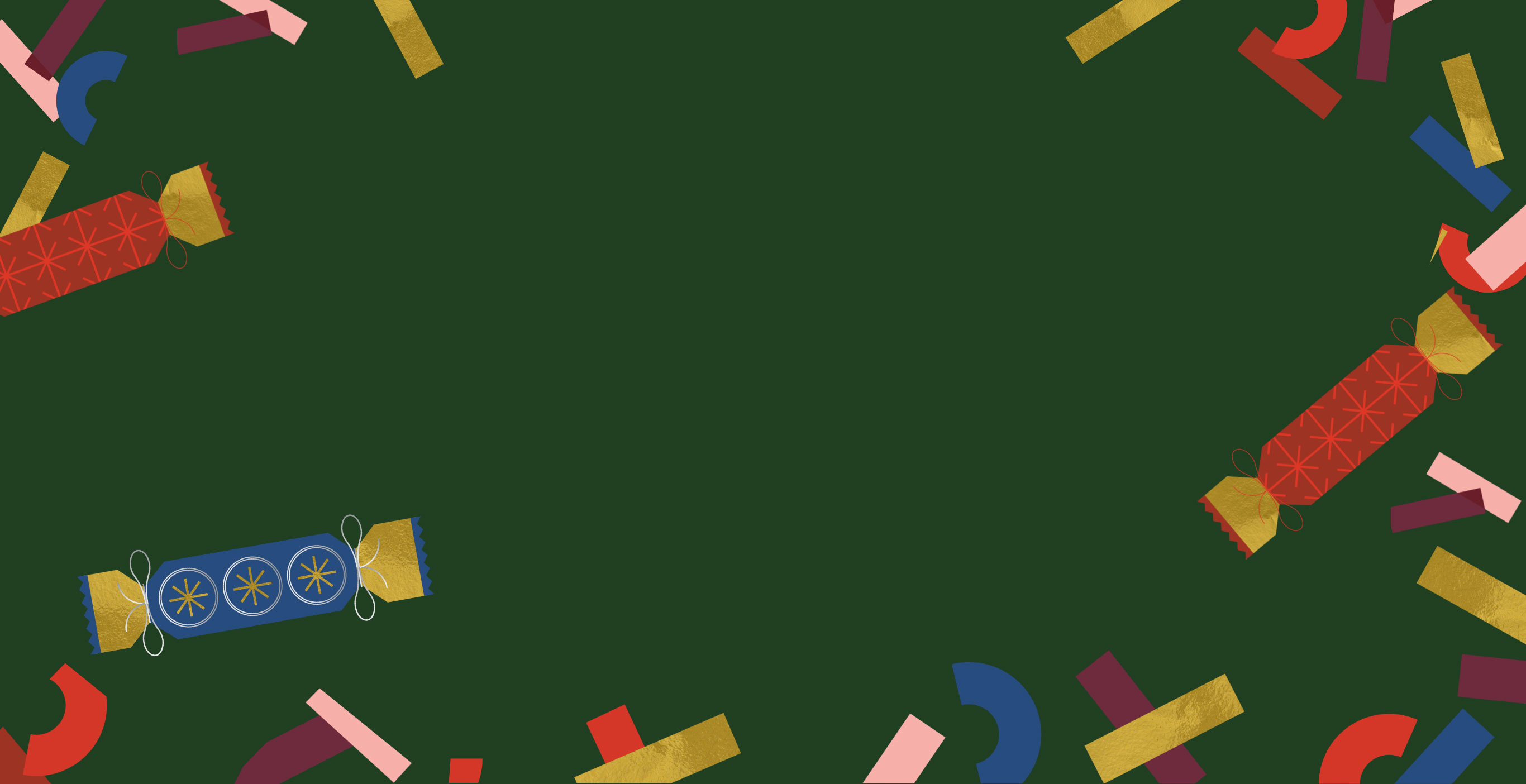 A green background with colourful gift packages and festive confetti
