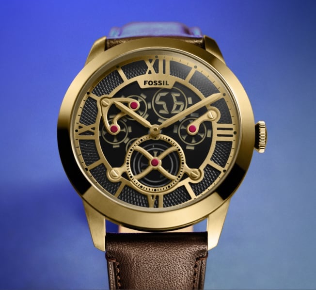 A detailed view of the skeletonized dial.