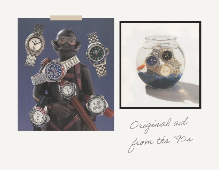Croquis de la montre Fossil Blue GMT avec deux publicités vintages des montres Fossil Blue des années 90 à côté de la publicité originale des années 90 en police script.