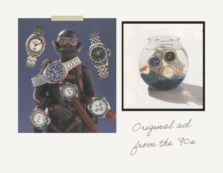 Sketches of Fossil Blue GMT with two vintage ads featuring Fossil Blue watches from the 1990s alongside original ad from the ’90s in script font.