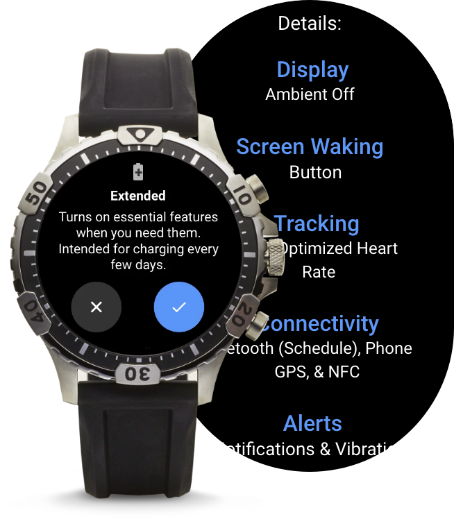 Une montre intelligente Gen 5 LTE affichant des modes de pile différents sur un fond bleu pâle.