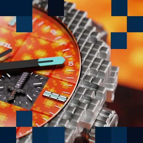 Nahaufnahme der Uhr The Nether Minecraft x Fossil mit heißen, feurig orangefarbenen Lavaströmen, Netherit-Werkzeugzeigern und blau leuchtender Leuchtmasse in einer silberfarbenen, pixeligen Lünette.